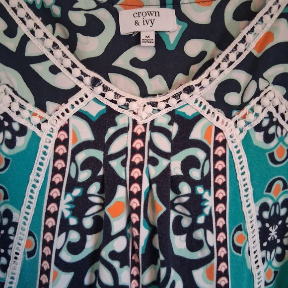 Crown & Ivy- Teal and Black Patterned  Boho Tank Top. Size M - Picture 3 of 8